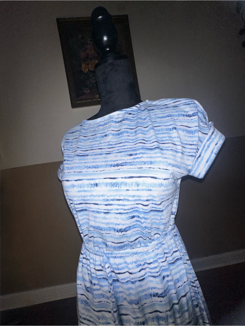 Blue & White Striped Watercolor Fit-and-Flare Dress